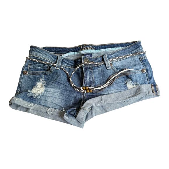 Vanity Distressed Denim JEAN SHORTS & BELT Womens 28 Raw Hem Blue Cotton Spandex - Picture 1 of 7